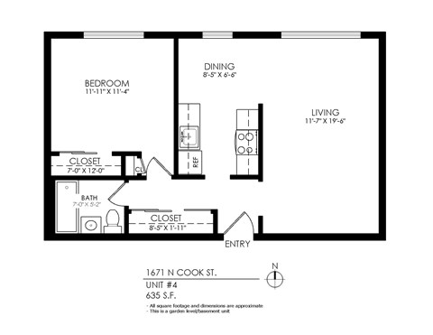 A floor plan of a one bedroom apartment with a closet and a bath.